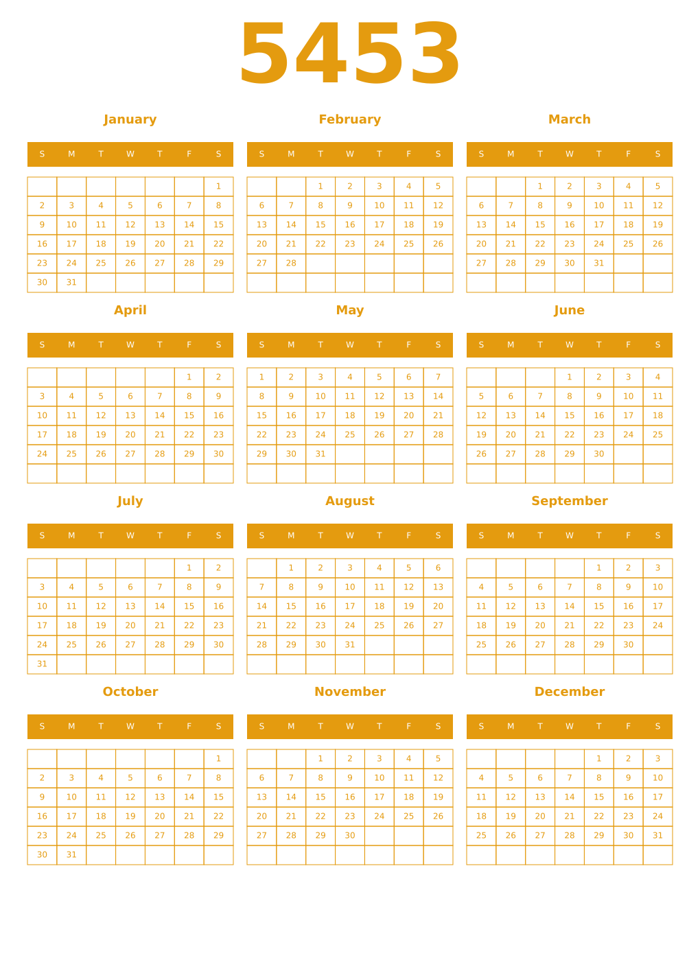 Printable 5453 Year Calendars gamboge