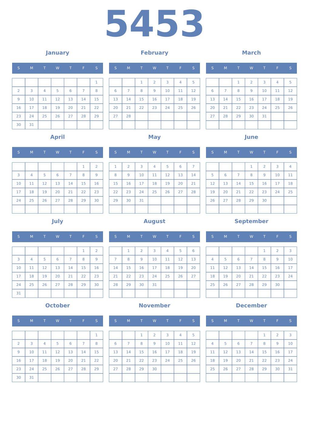 Printable 5453 Year Calendars glaucous