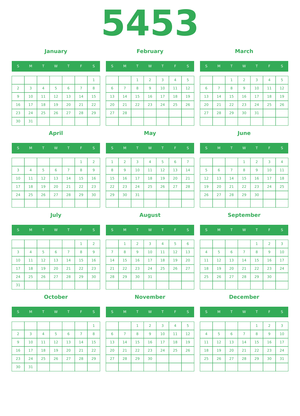 Printable 5453 Year Calendars green