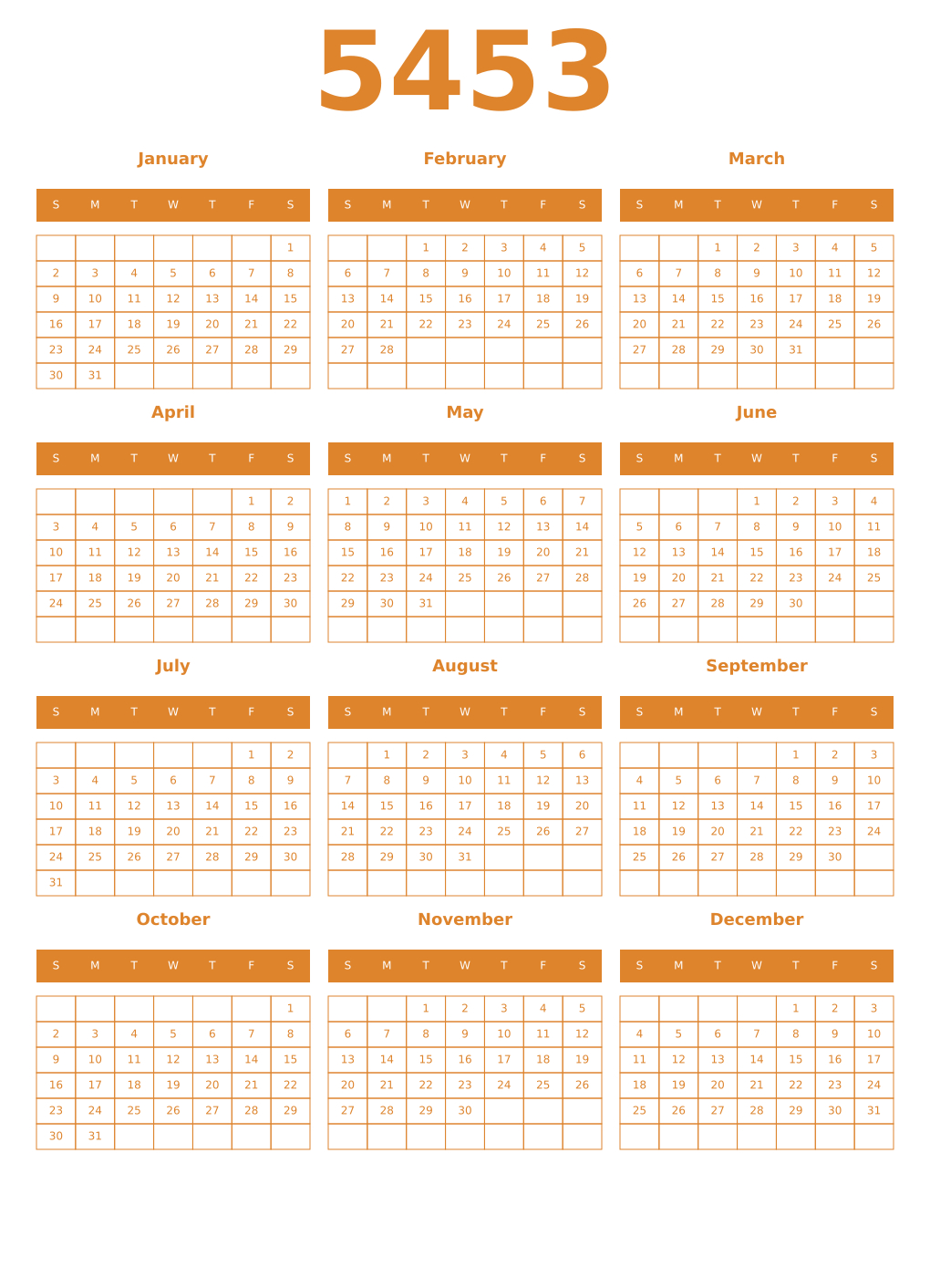 Printable 5453 Year Calendars orange