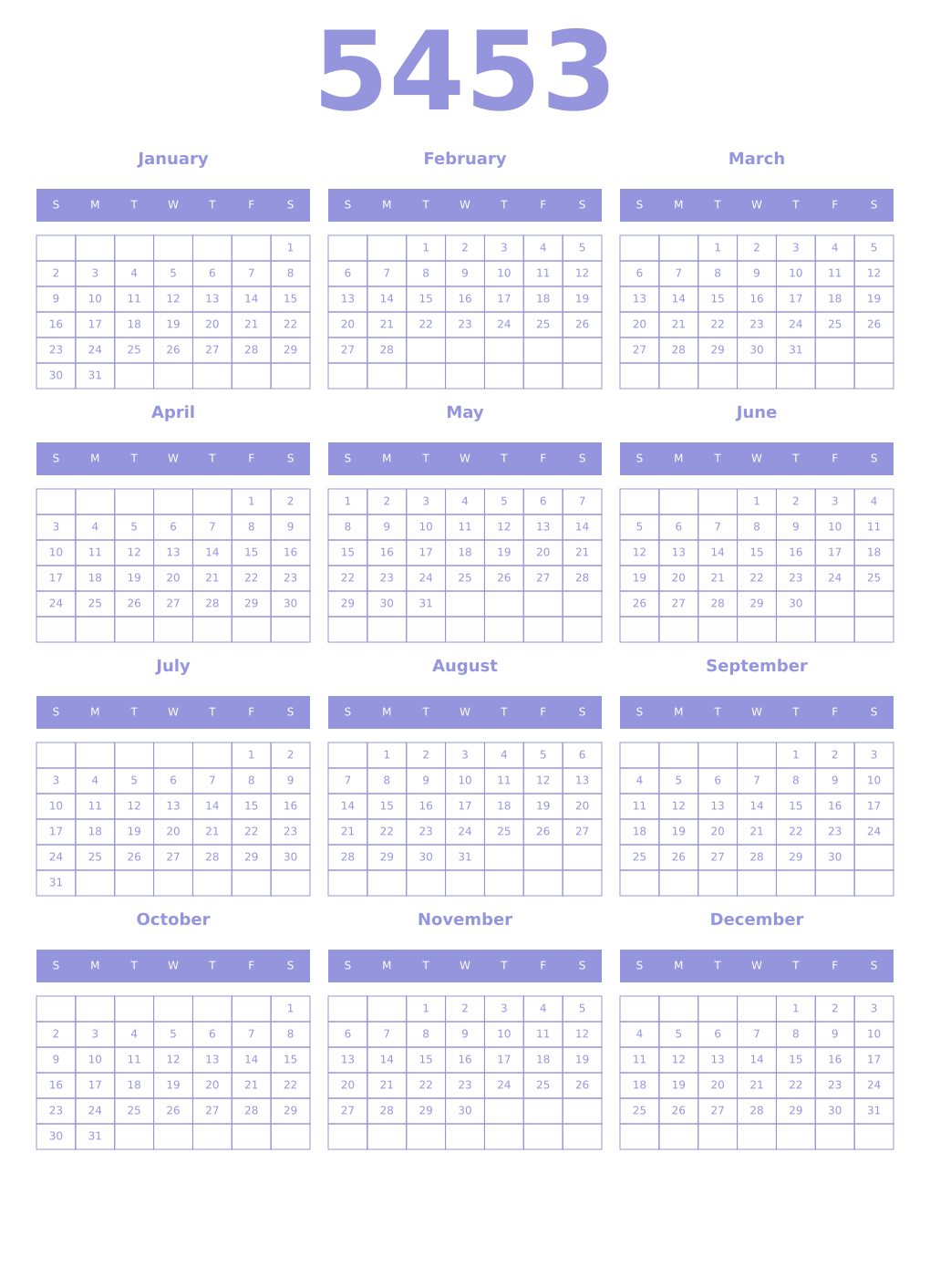 Printable 5453 Year Calendars periwinkle