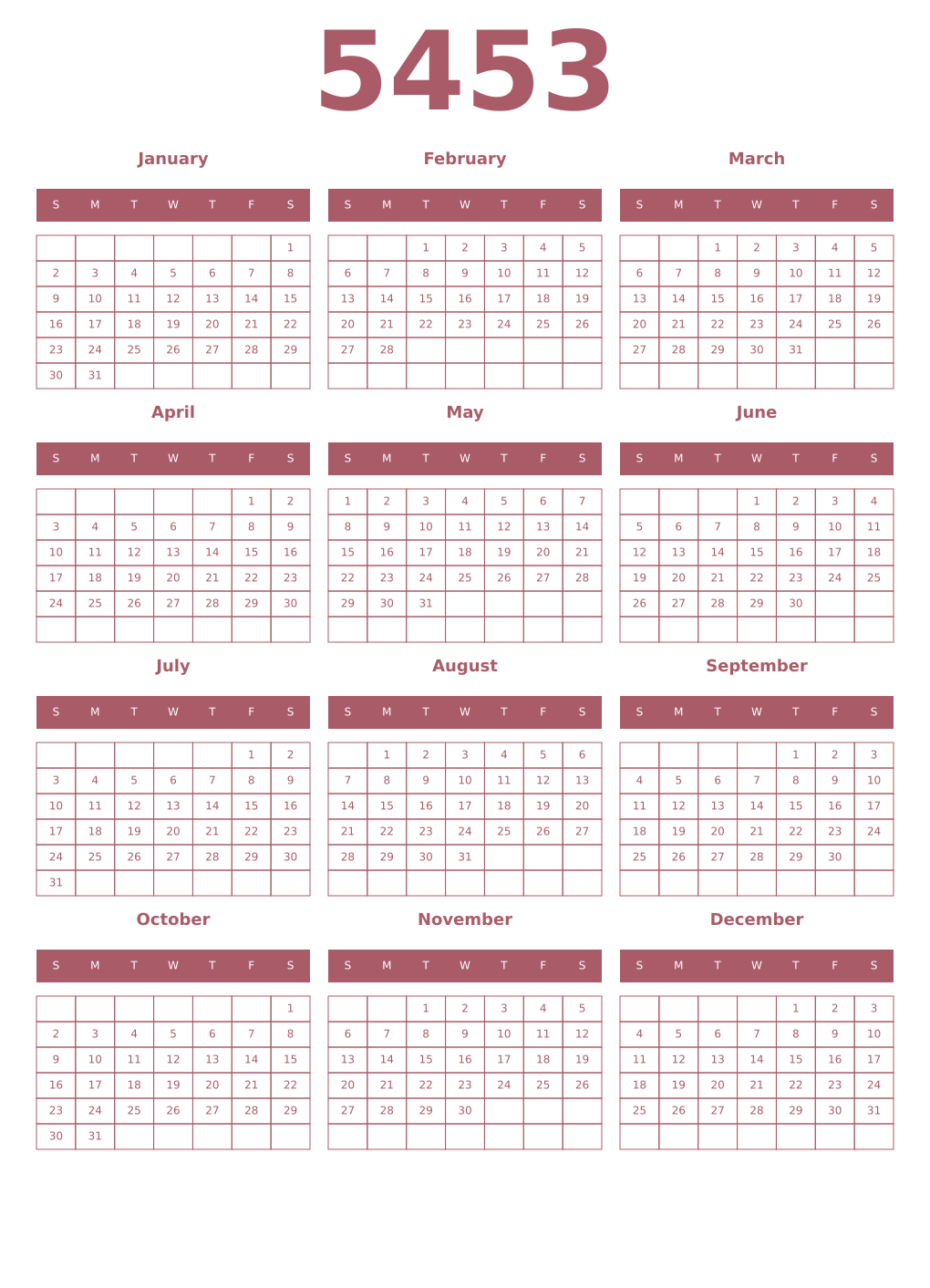 Printable 5453 Year Calendars puce