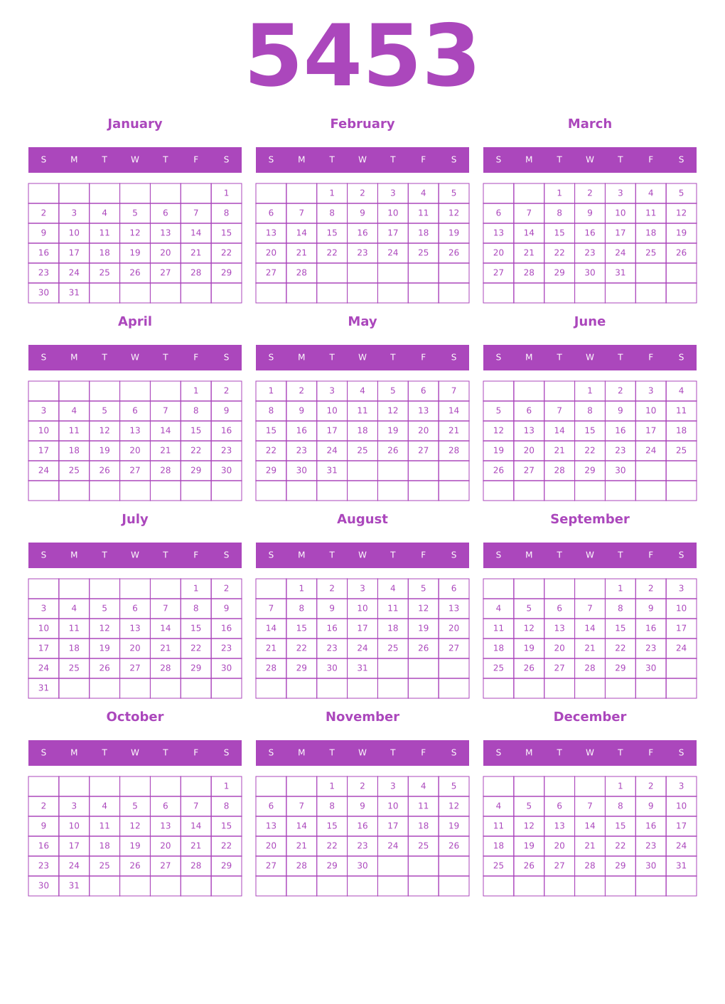 Printable 5453 Year Calendars purple