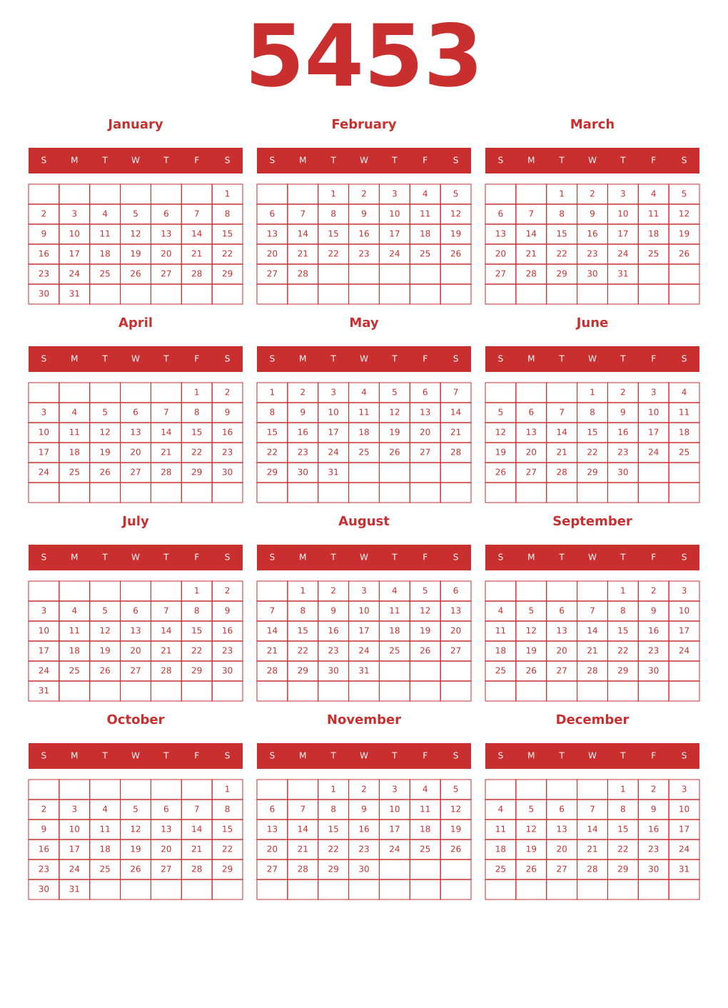 Printable 5453 Year Calendars red