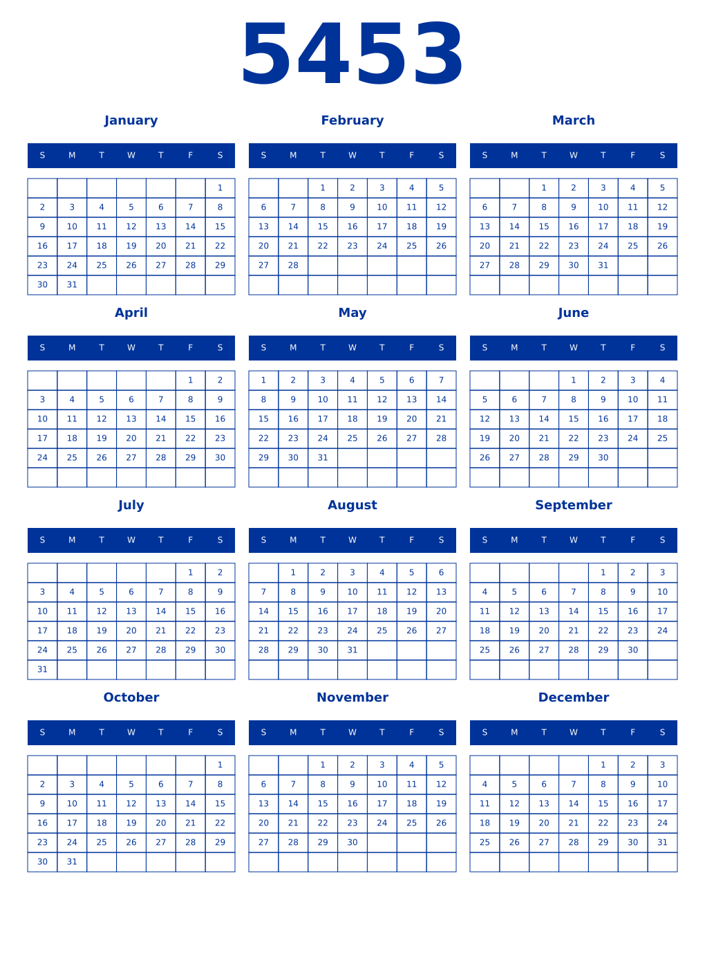 Printable 5453 Year Calendars smalt