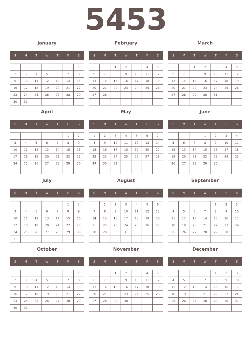 Printable 5453 Year Calendars wenge