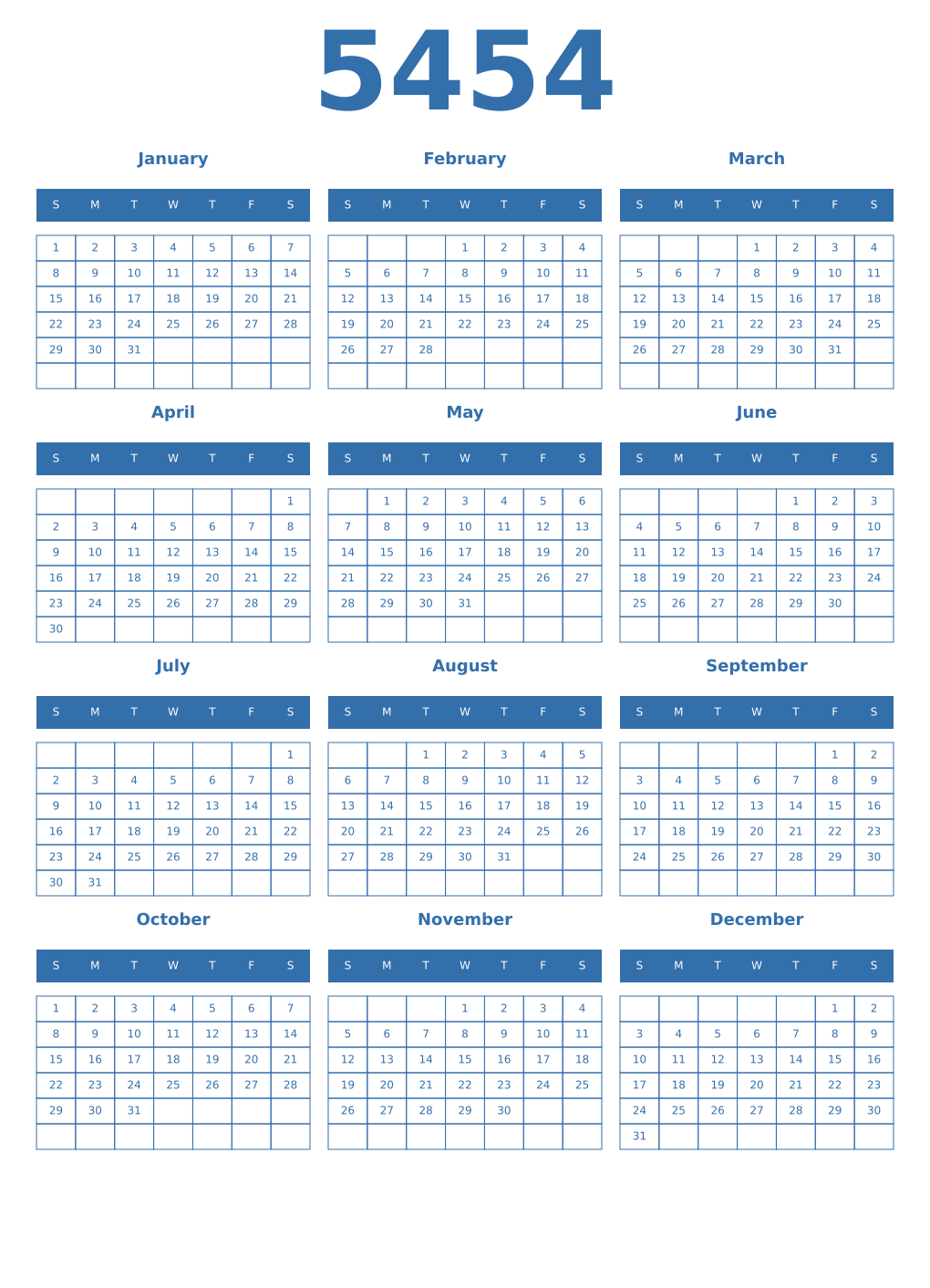 Printable 5454 Year Calendars blue