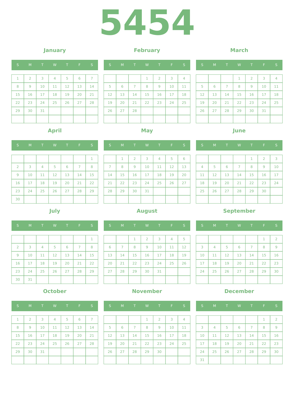 Printable 5454 Year Calendars celadon