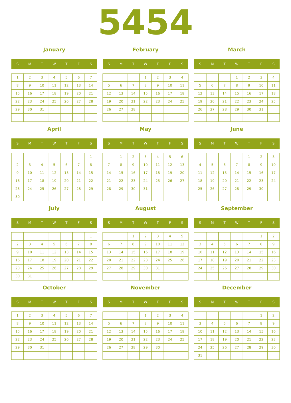 Printable 5454 Year Calendars chartreuse