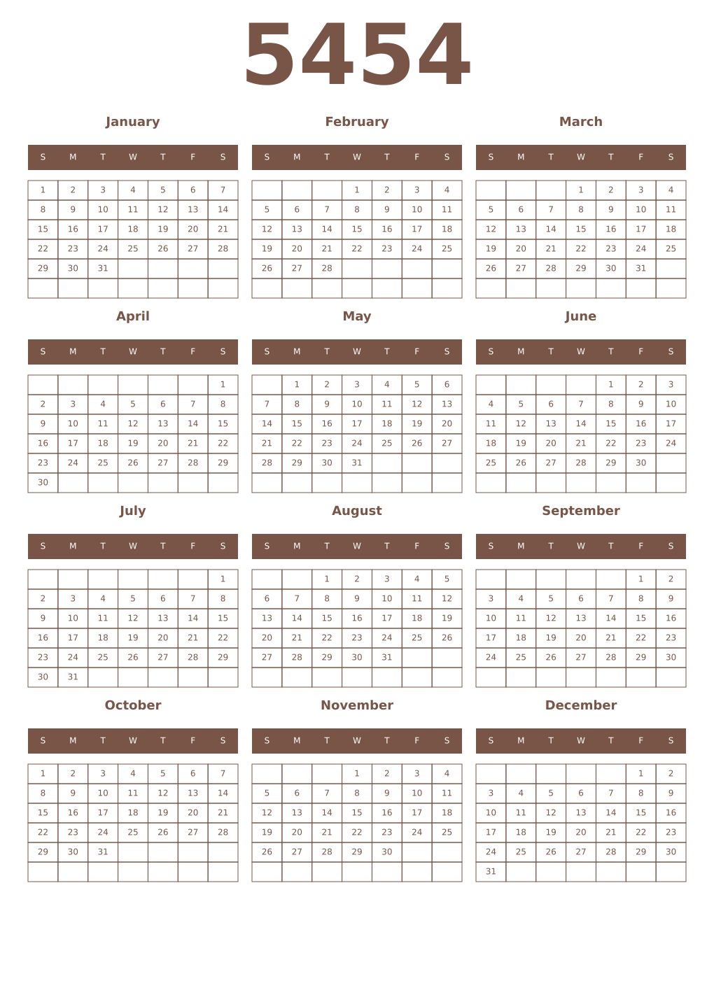 Printable 5454 Year Calendars coffe