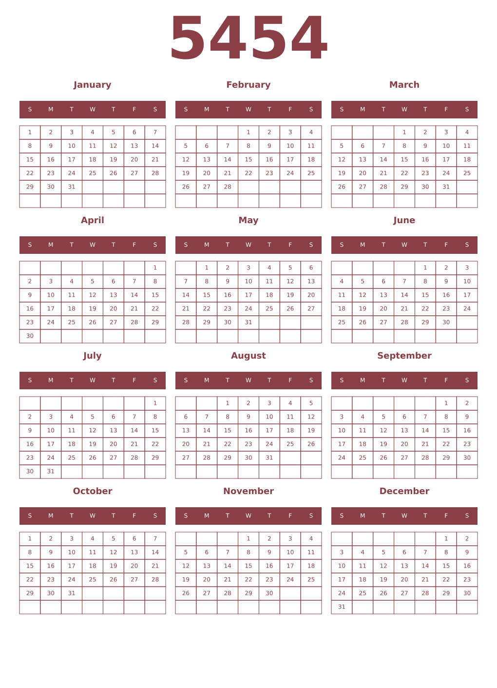 Printable 5454 Year Calendars cordovan