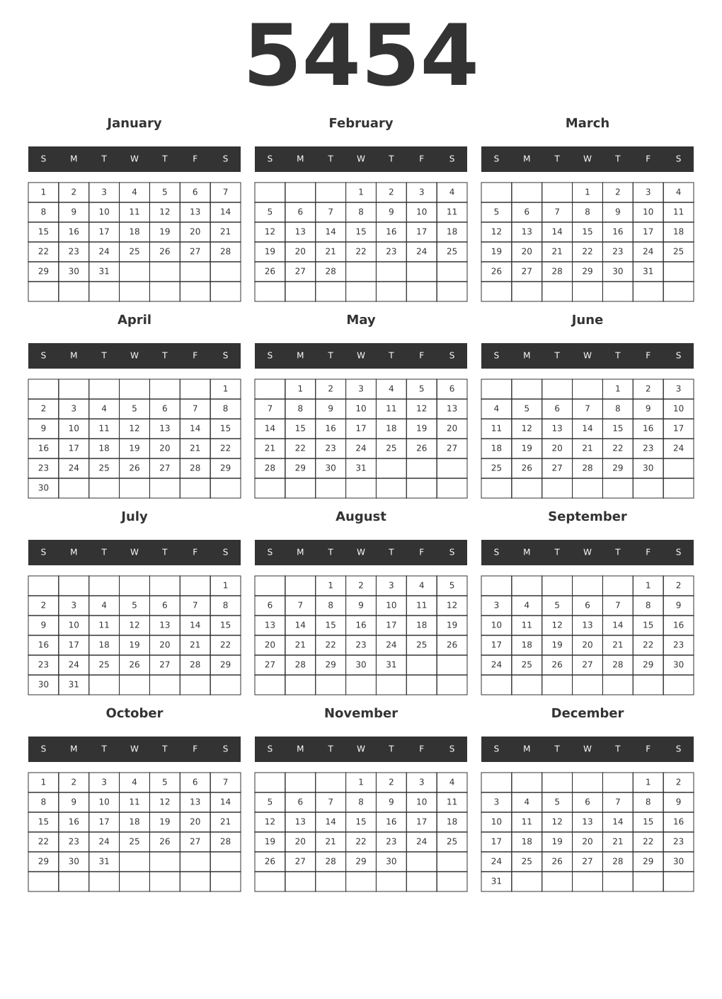 Printable 5454 Year Calendars dark