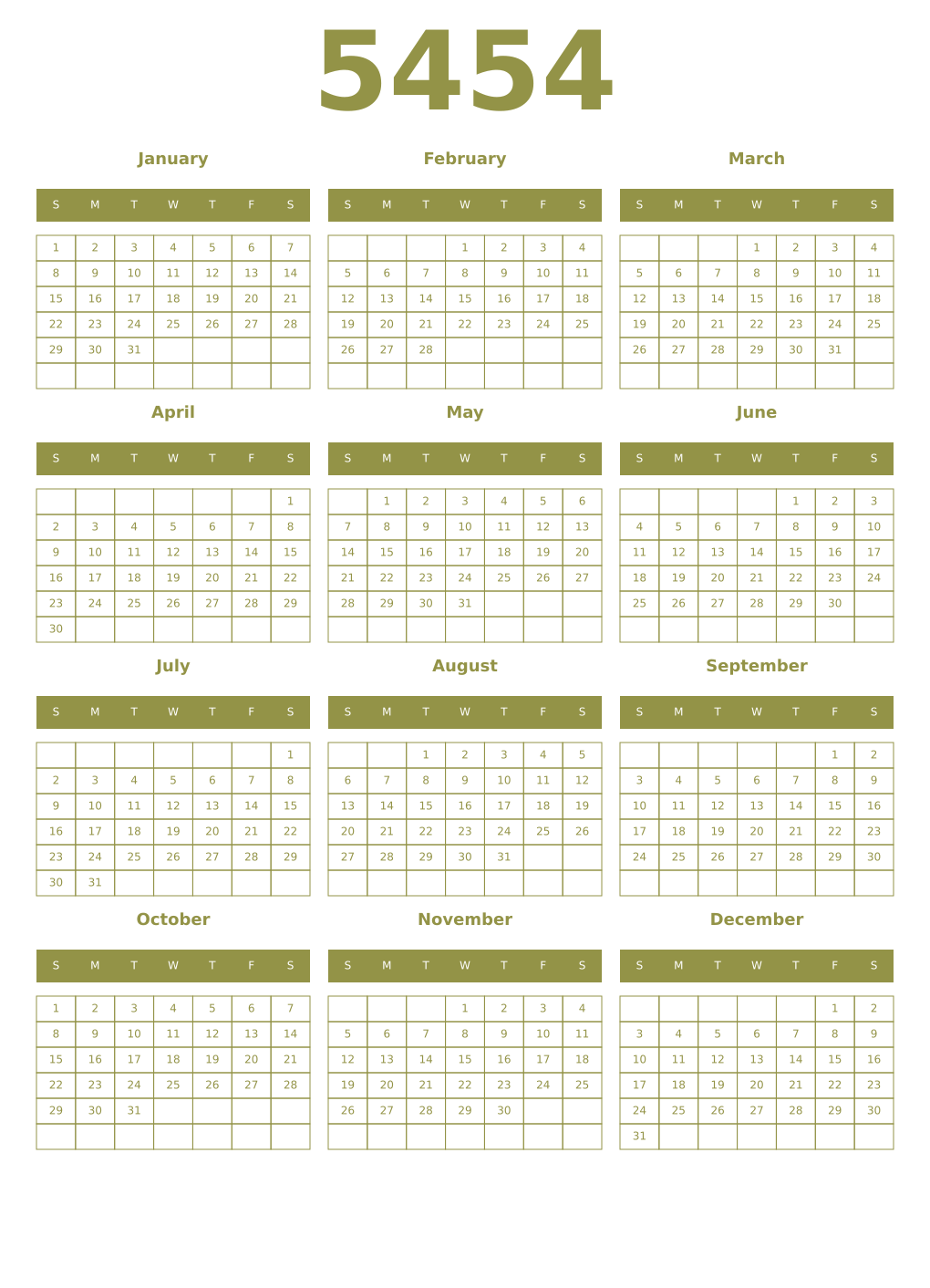 Printable 5454 Year Calendars eburnean