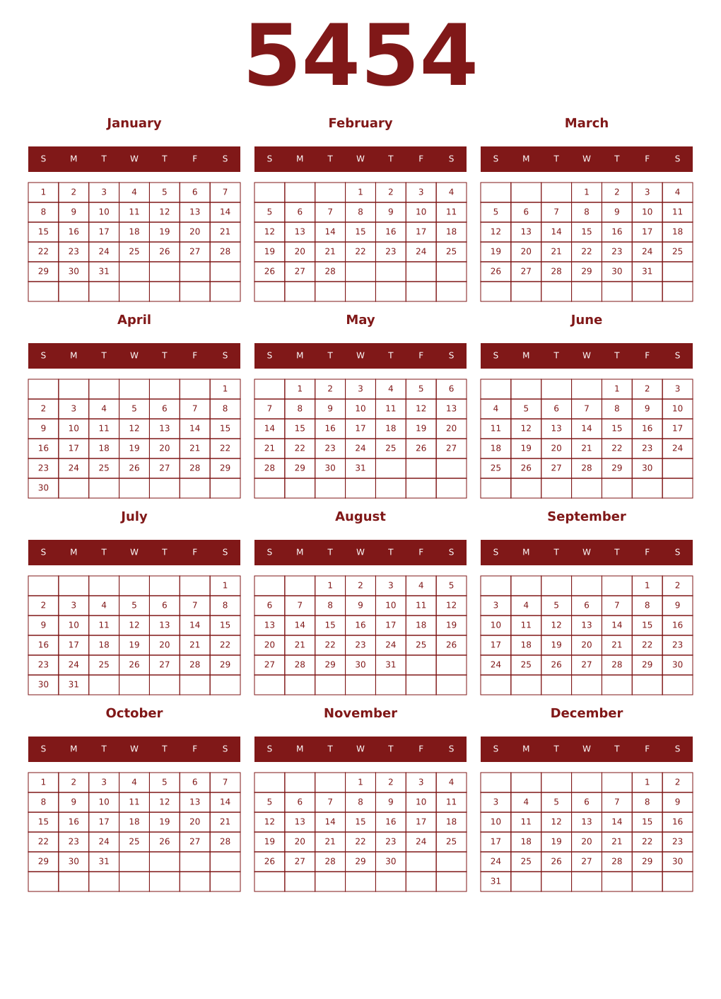 Printable 5454 Year Calendars falu