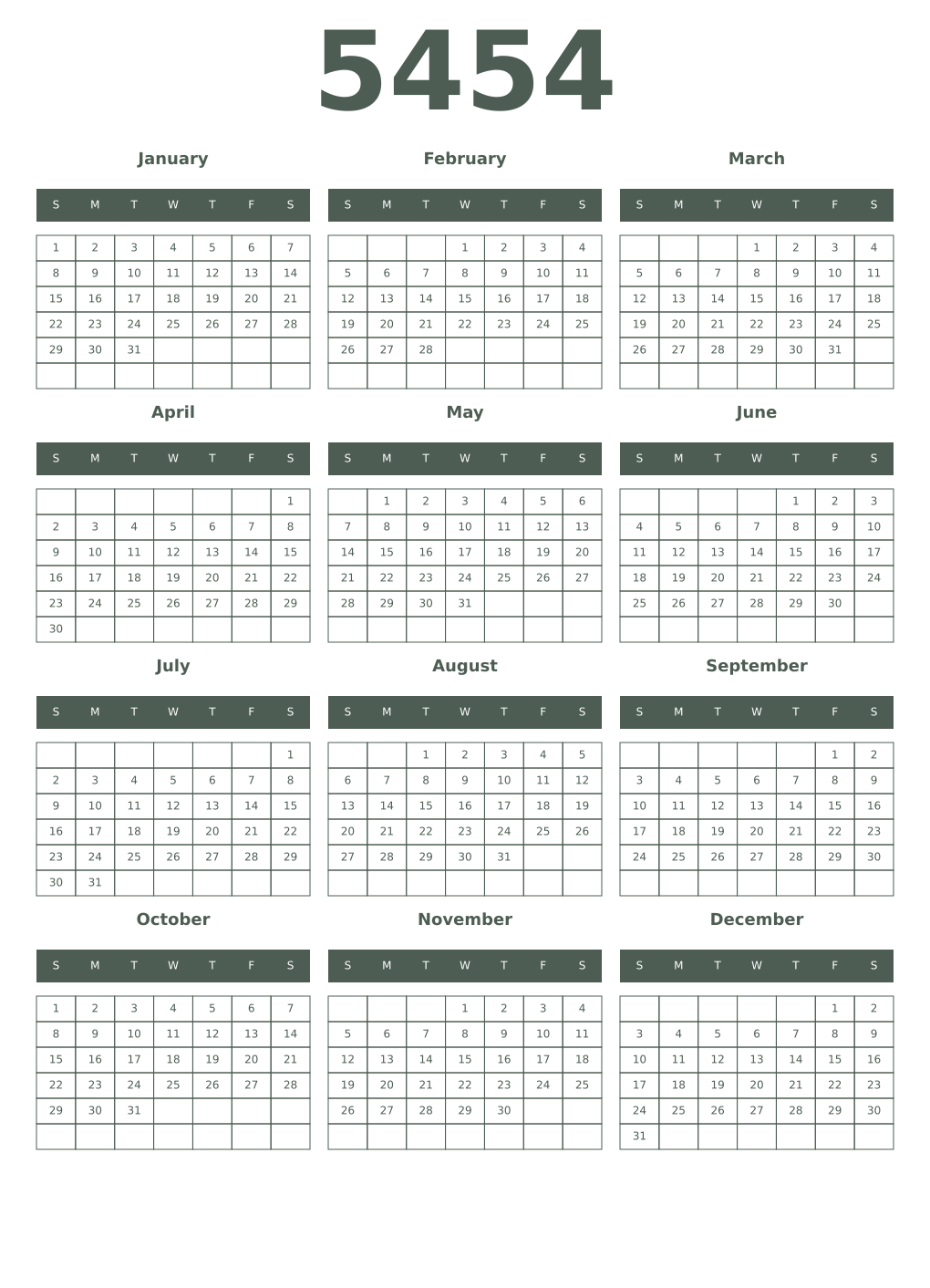 Printable 5454 Year Calendars feldgrau