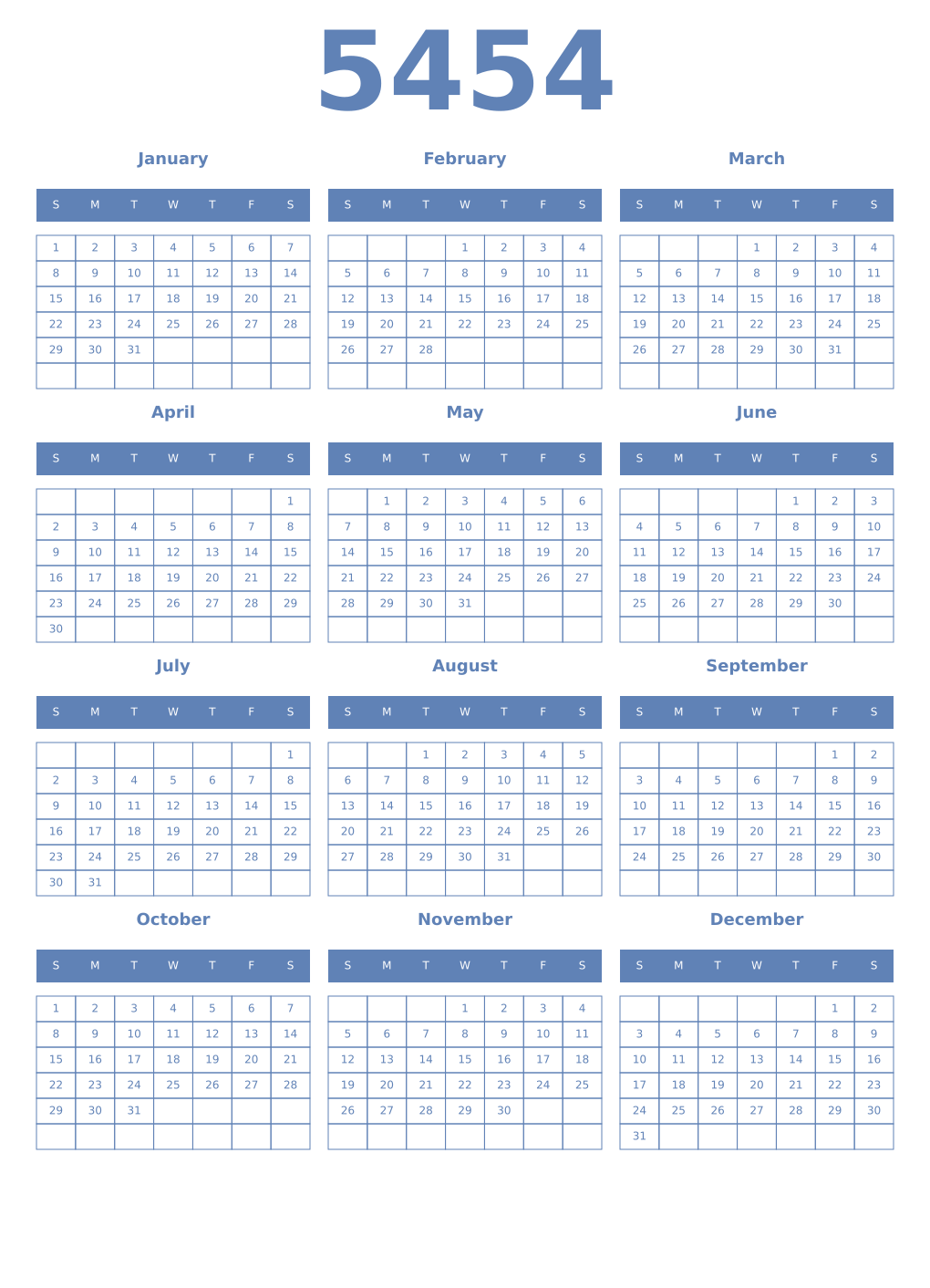Printable 5454 Year Calendars glaucous