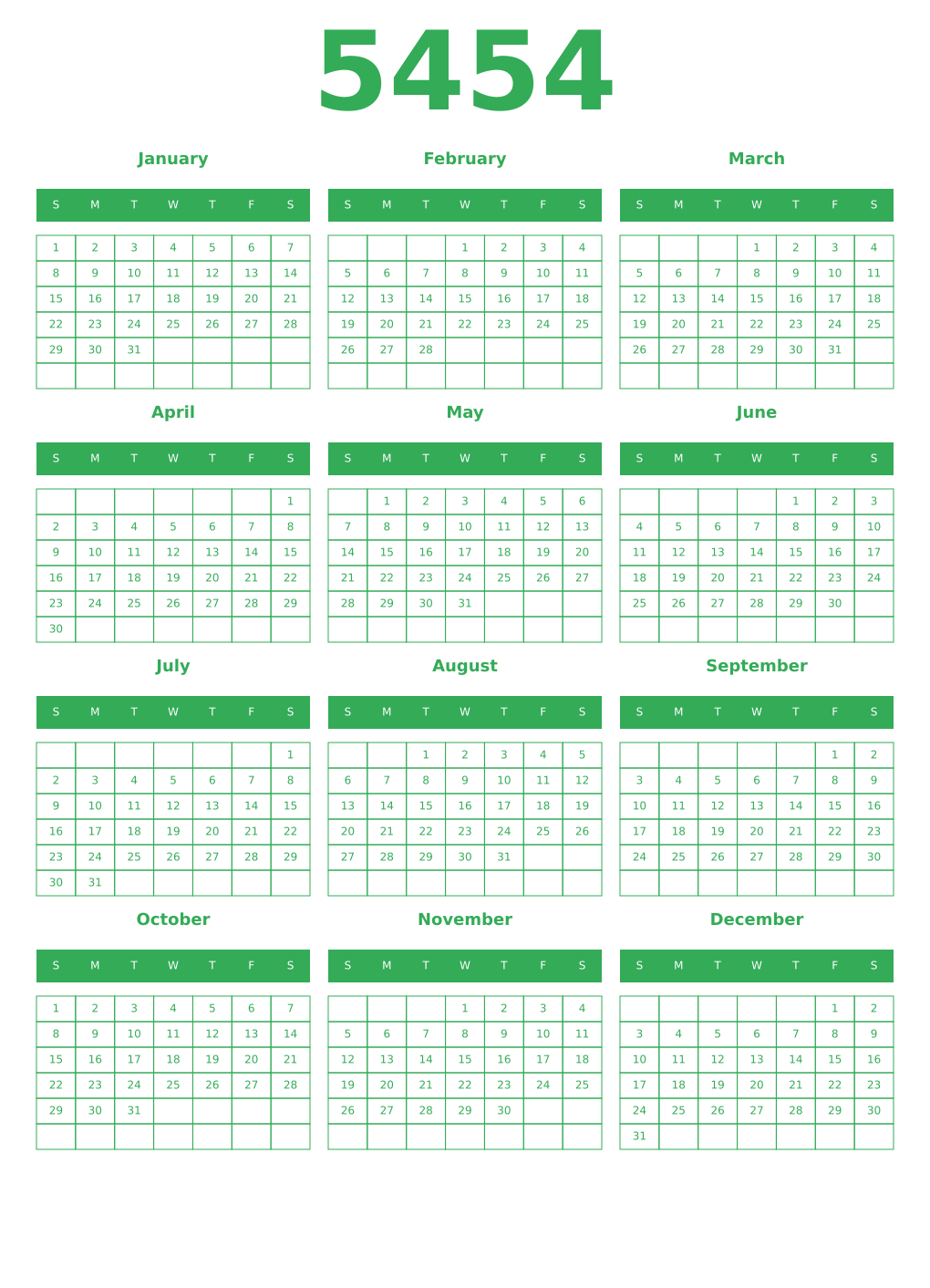 Printable 5454 Year Calendars green
