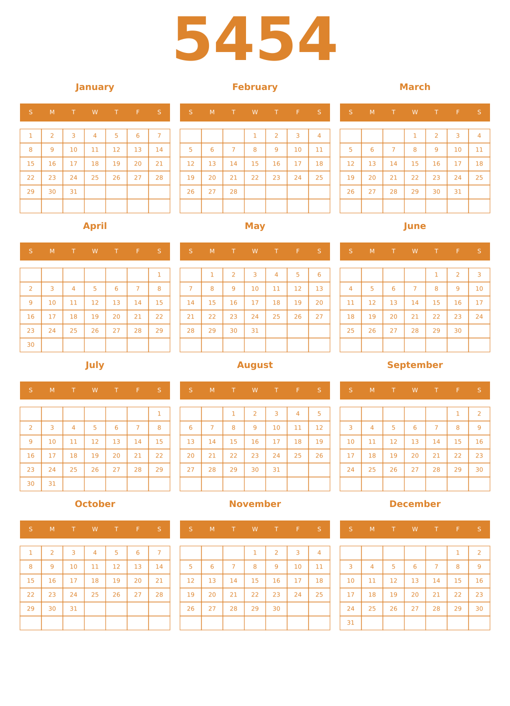 Printable 5454 Year Calendars orange