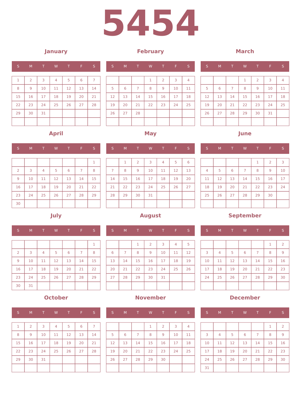 Printable 5454 Year Calendars puce