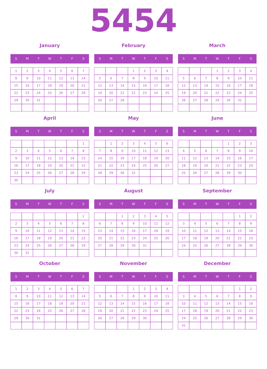 Printable 5454 Year Calendars purple