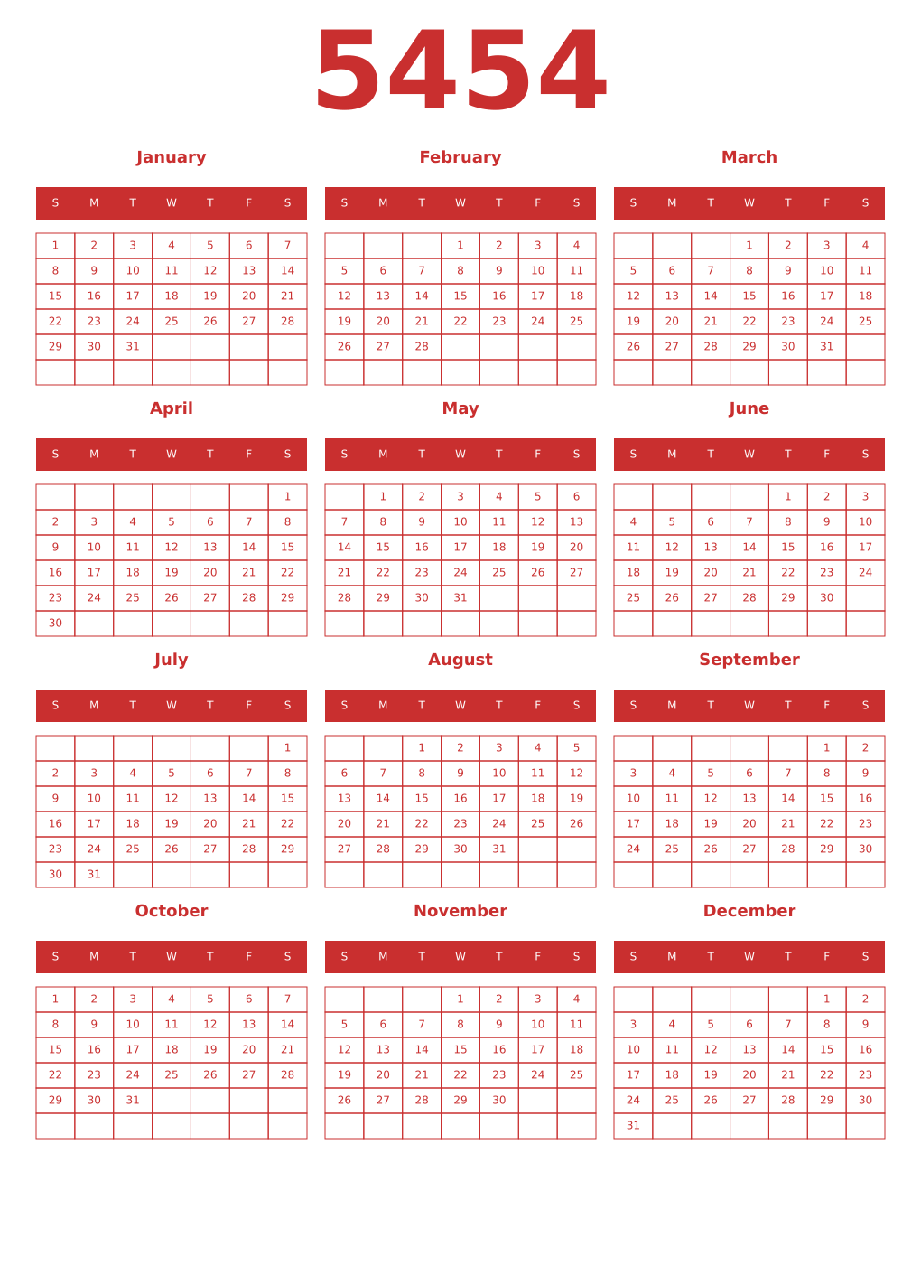 Printable 5454 Year Calendars red