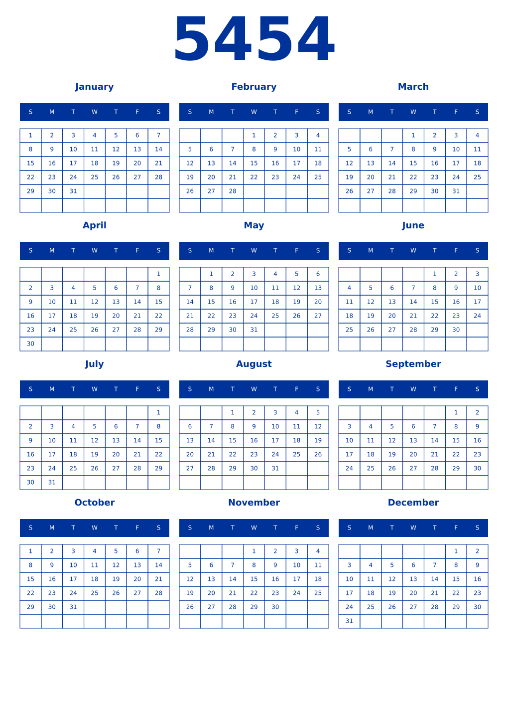 Printable 5454 Year Calendars smalt