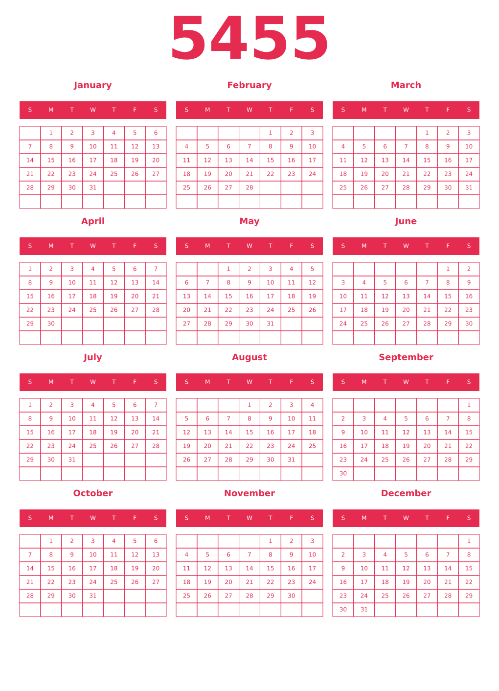 Printable 5455 Year Calendars amaranth