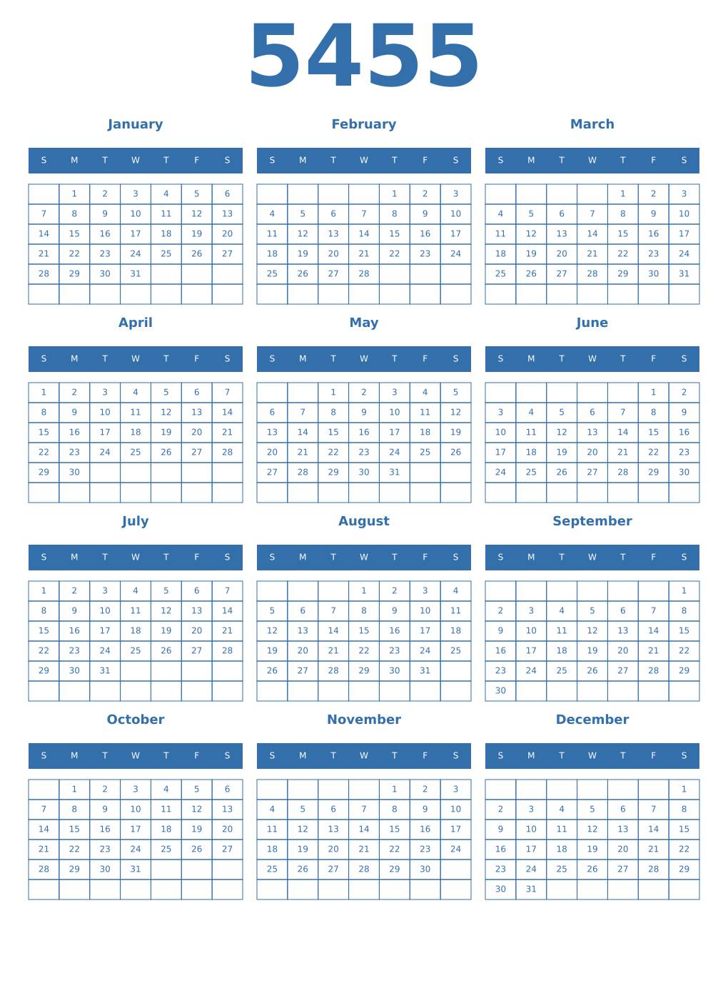 Printable 5455 Year Calendars blue