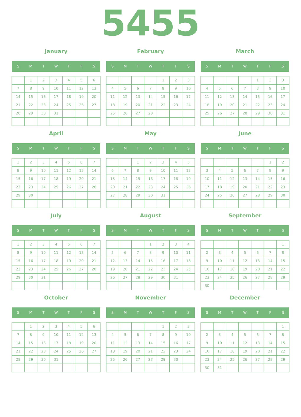 Printable 5455 Year Calendars celadon