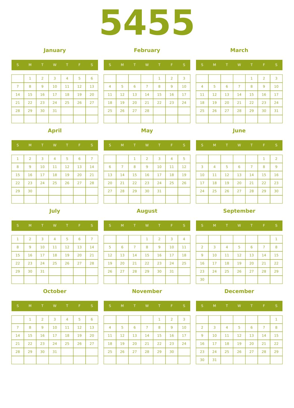 Printable 5455 Year Calendars chartreuse