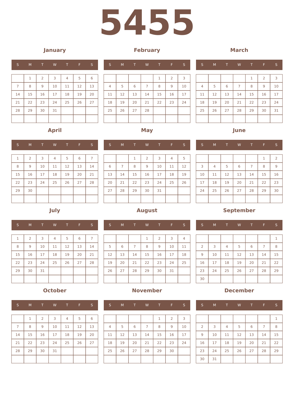 Printable 5455 Year Calendars coffe