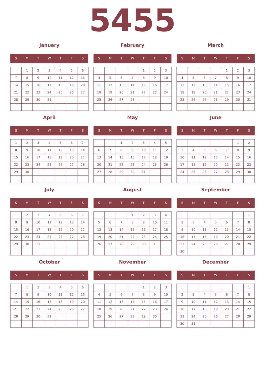 Printable 5455 Year Calendars cordovan