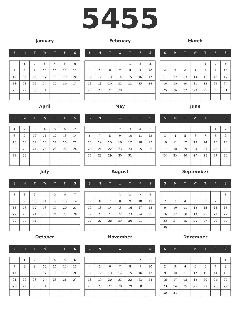 Printable 5455 Year Calendars dark