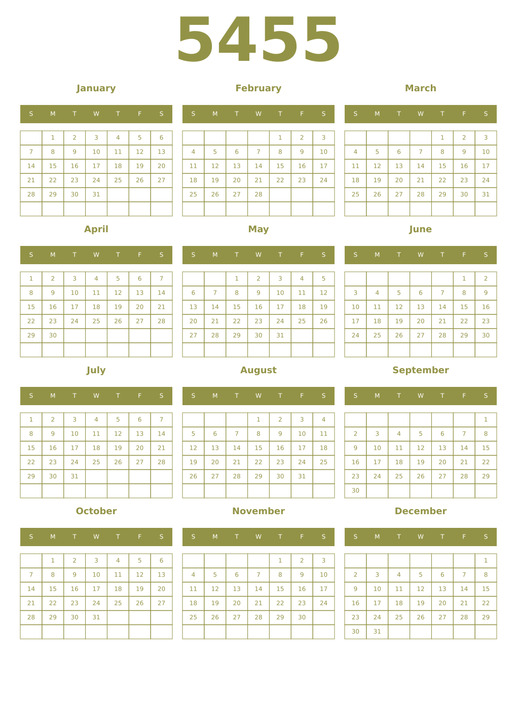 Printable 5455 Year Calendars eburnean