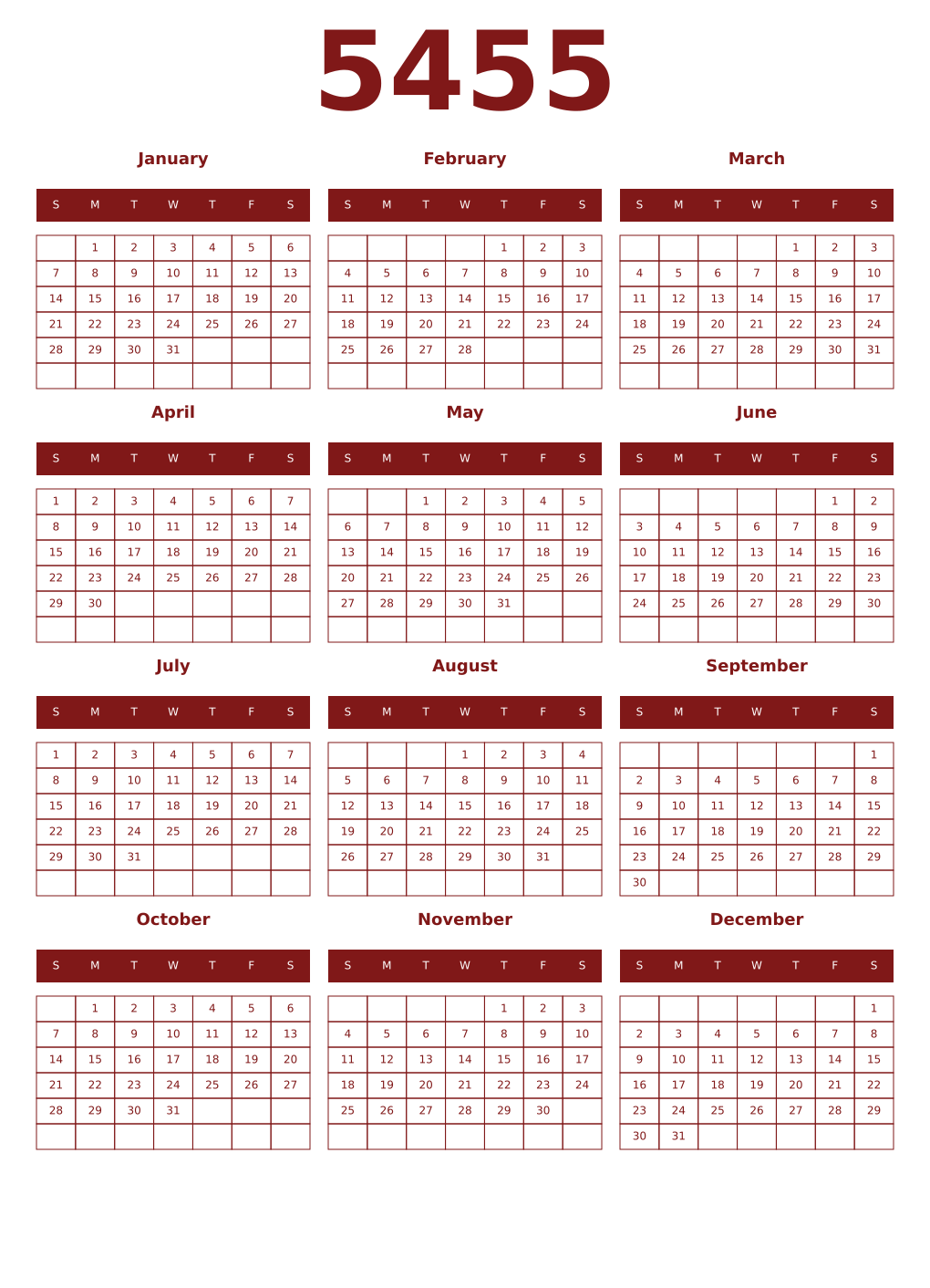 Printable 5455 Year Calendars falu