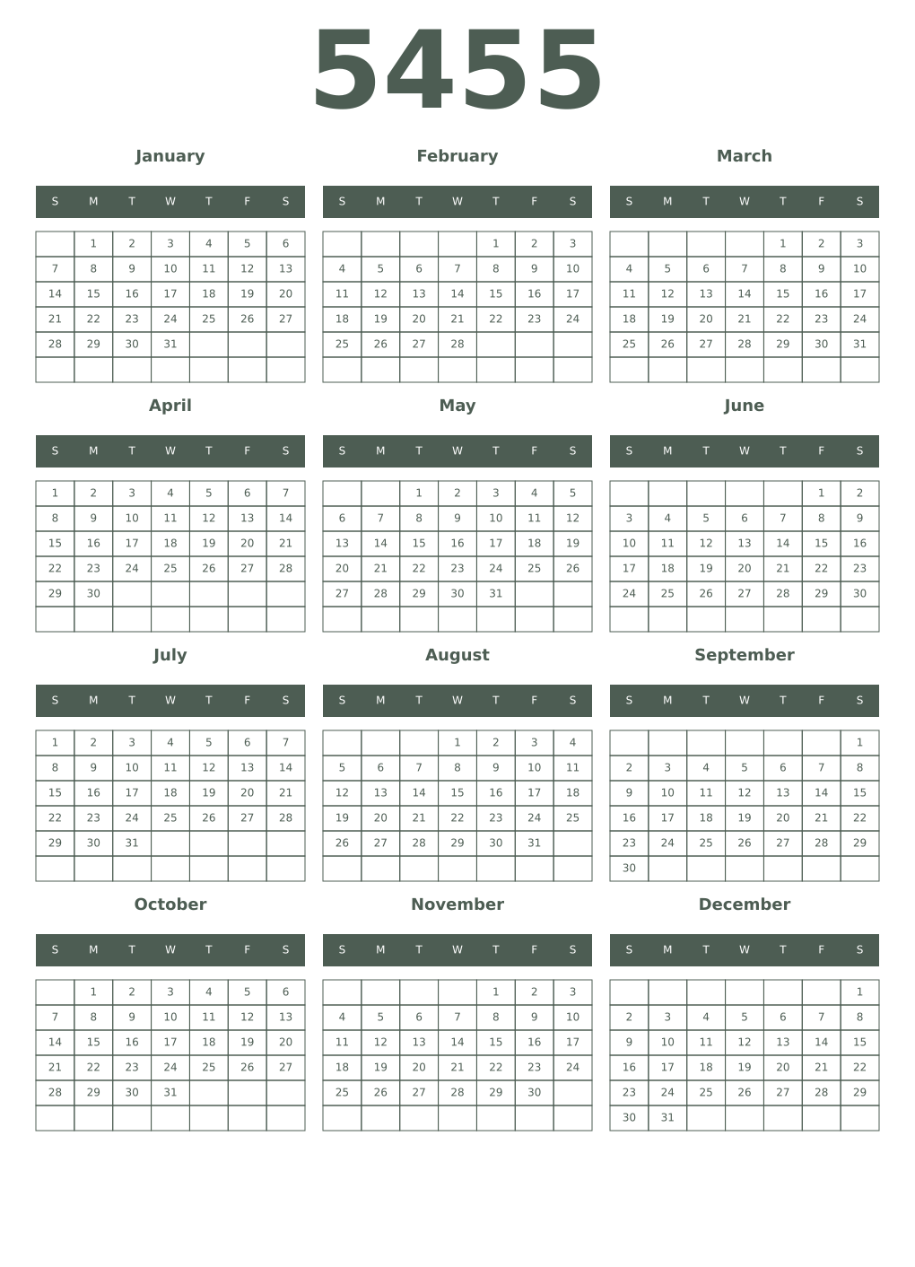 Printable 5455 Year Calendars feldgrau