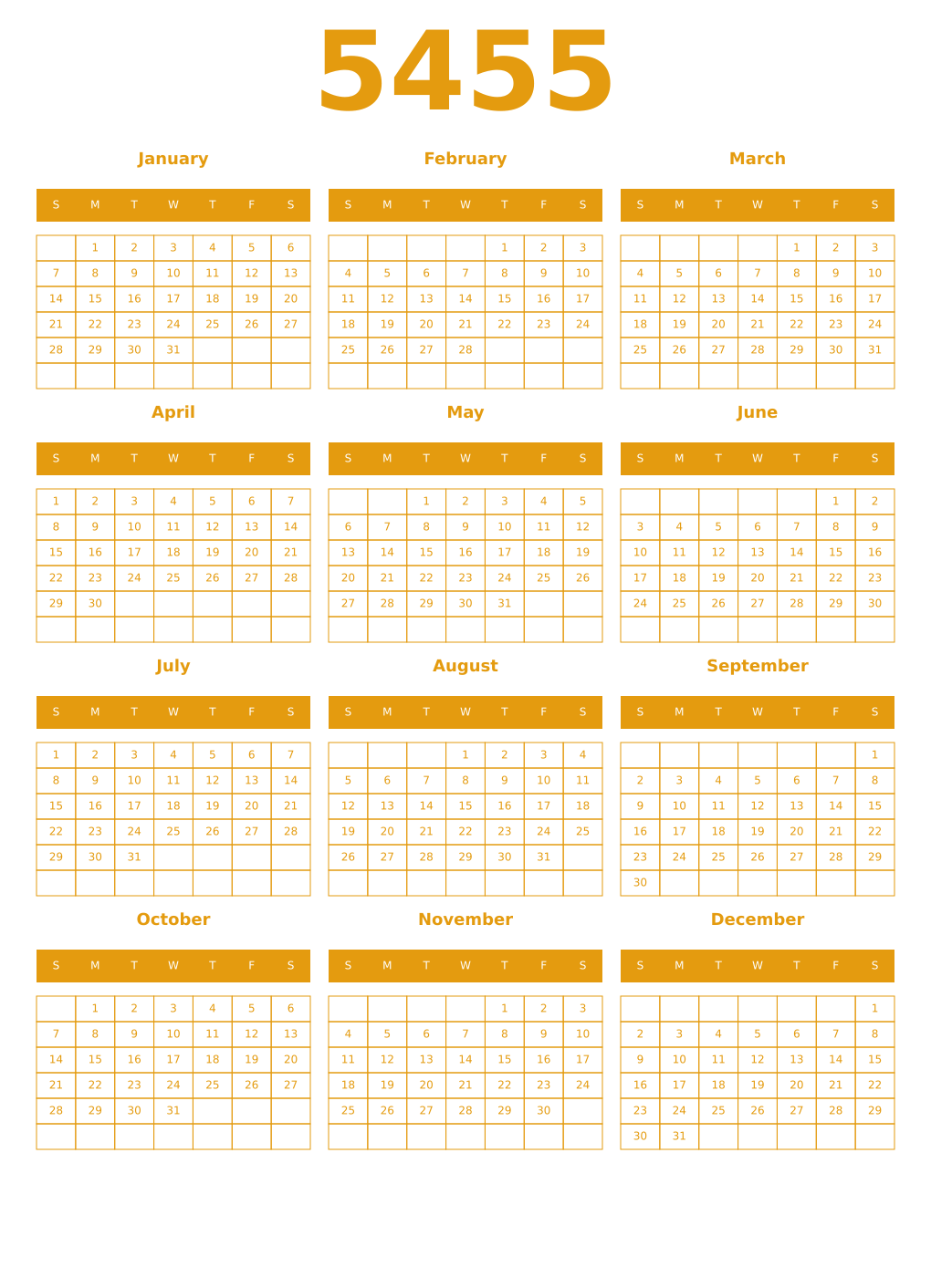 Printable 5455 Year Calendars gamboge