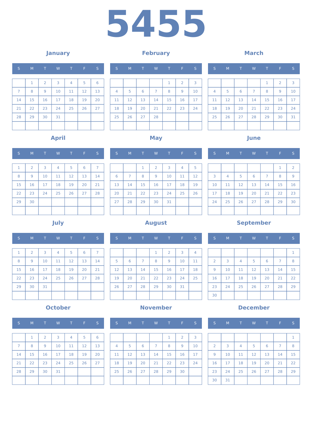 Printable 5455 Year Calendars glaucous