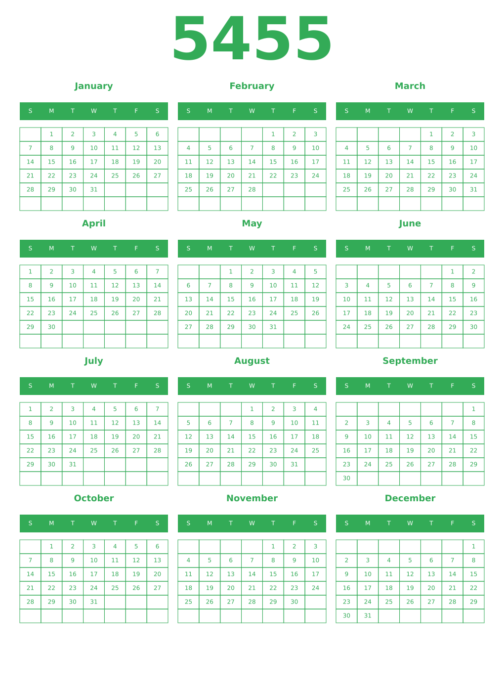Printable 5455 Year Calendars green