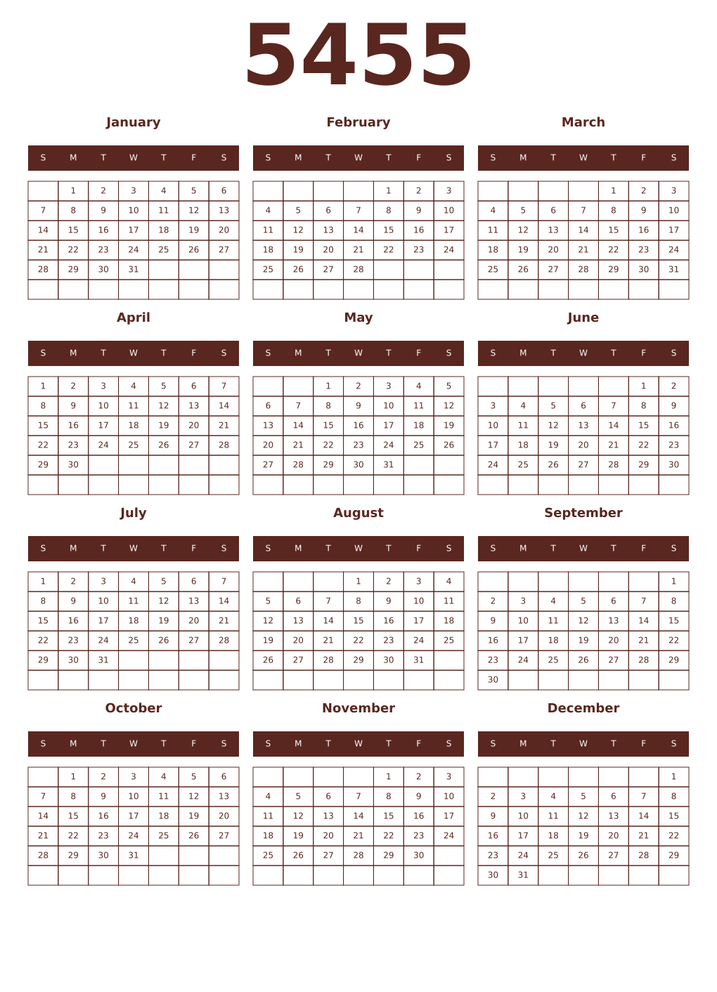 Printable 5455 Year Calendars mortuum