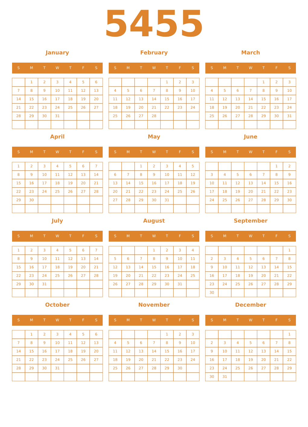 Printable 5455 Year Calendars orange