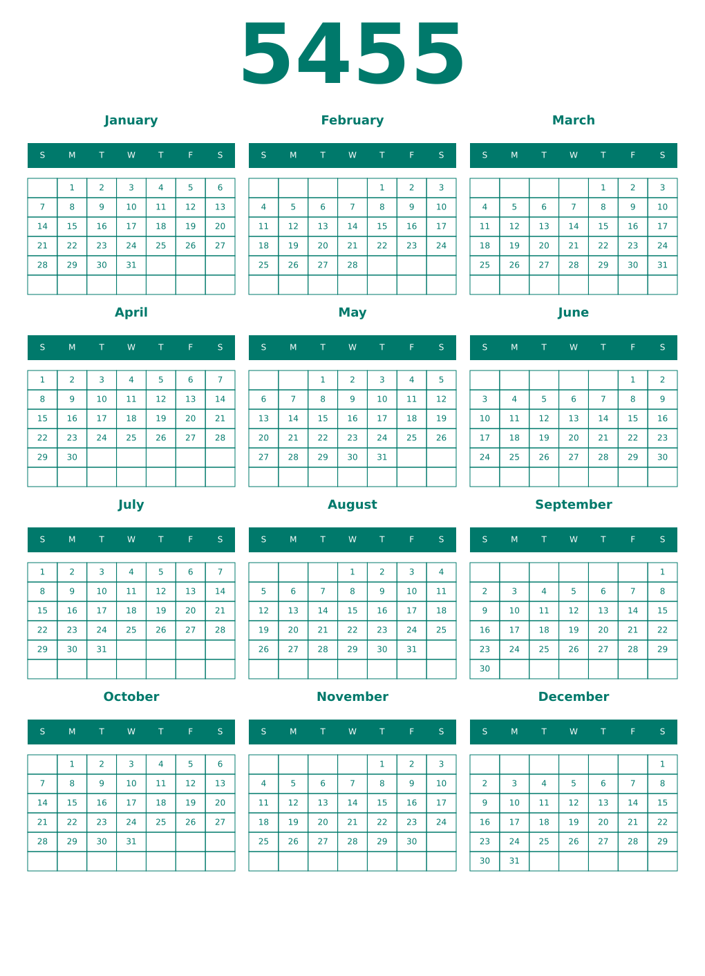 Printable 5455 Year Calendars pastel