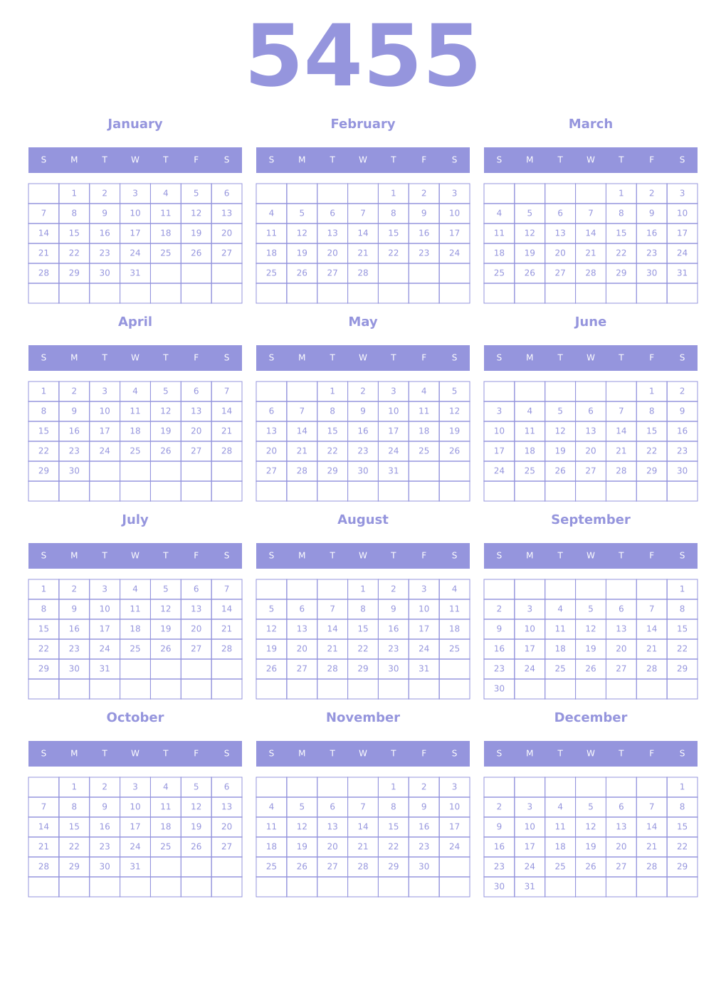Printable 5455 Year Calendars periwinkle