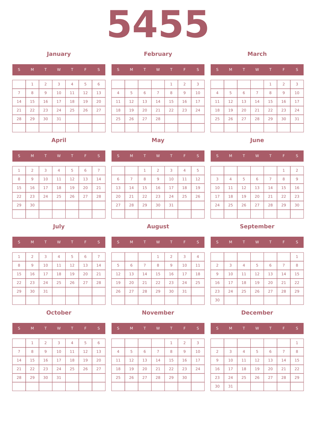 Printable 5455 Year Calendars puce