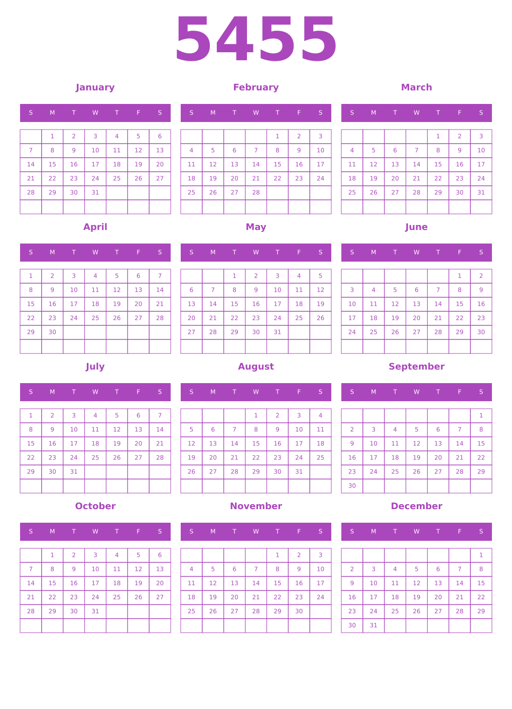 Printable 5455 Year Calendars purple