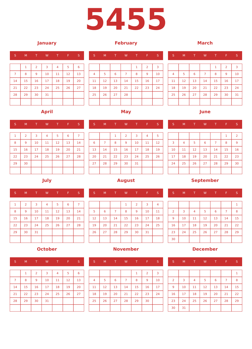 Printable 5455 Year Calendars red