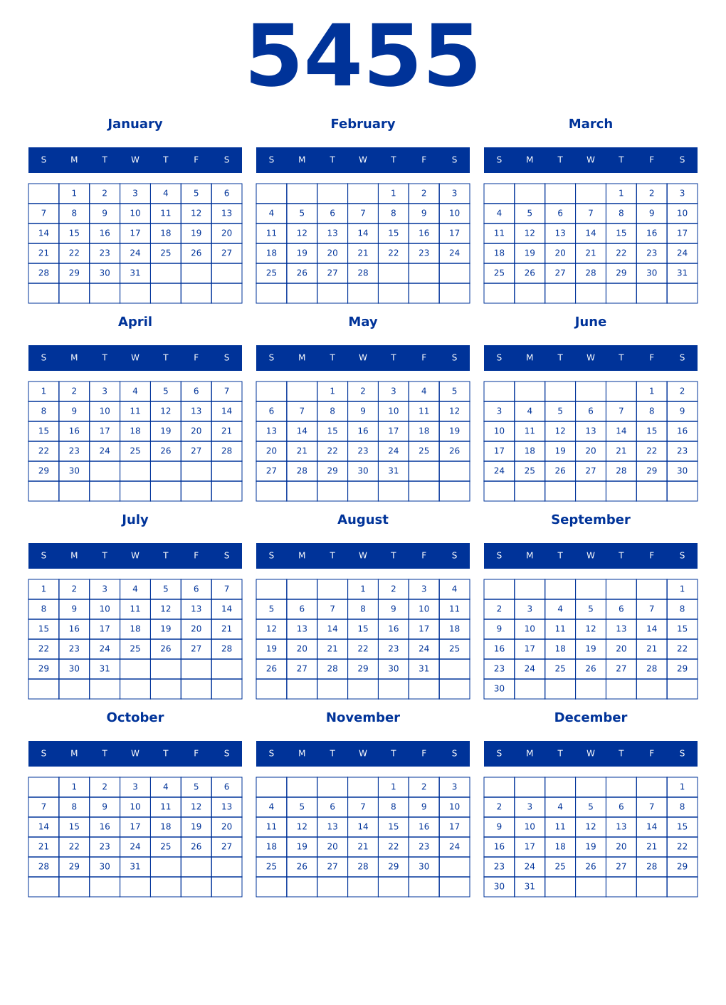 Printable 5455 Year Calendars smalt