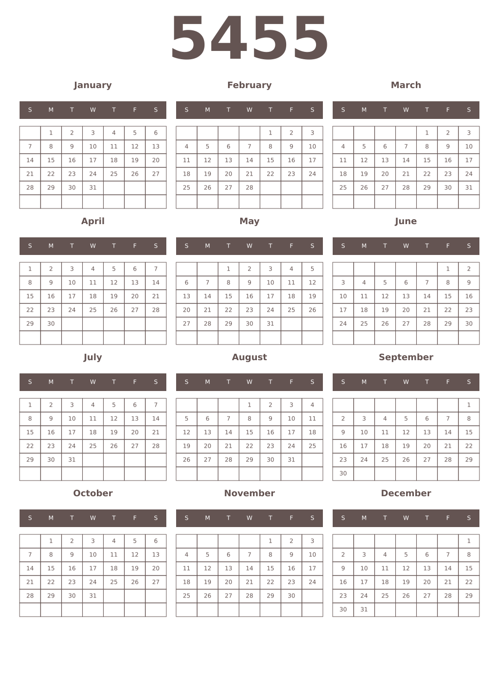 Printable 5455 Year Calendars wenge