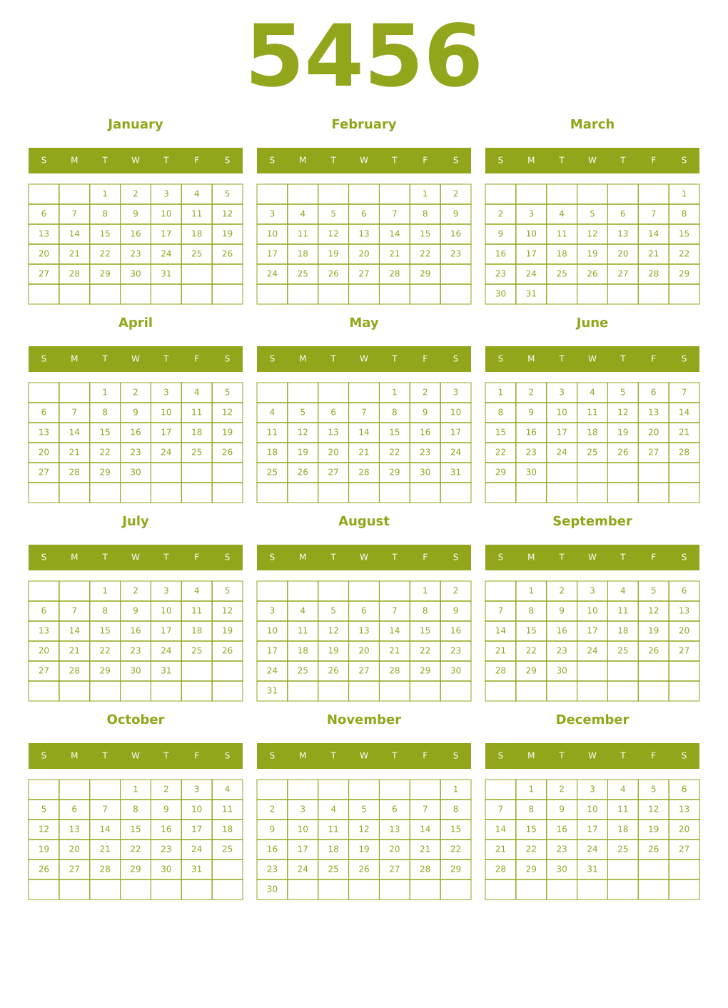 Printable 5456 Year Calendars chartreuse