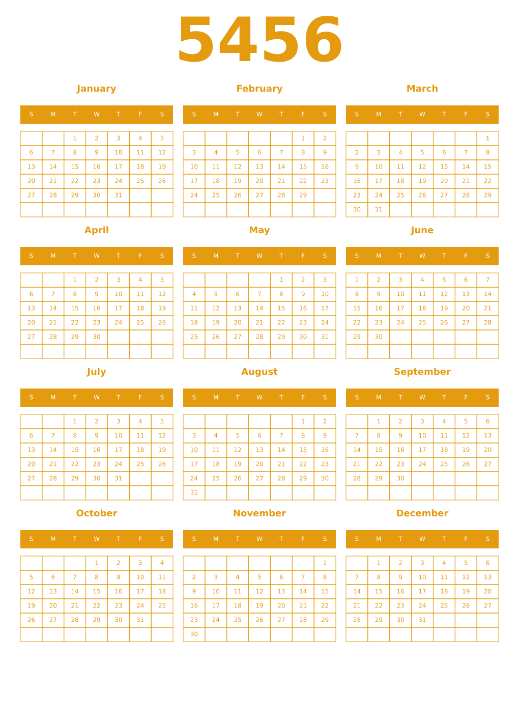Printable 5456 Year Calendars gamboge